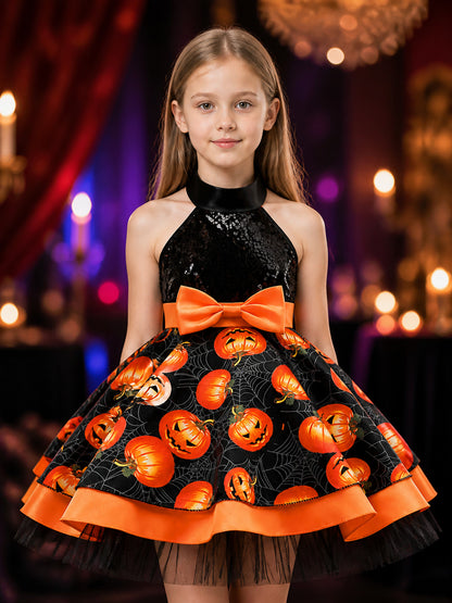Girls' Halloween Pumpkin Spider Web Princess Dress, Black and Orange Tutu on-model view