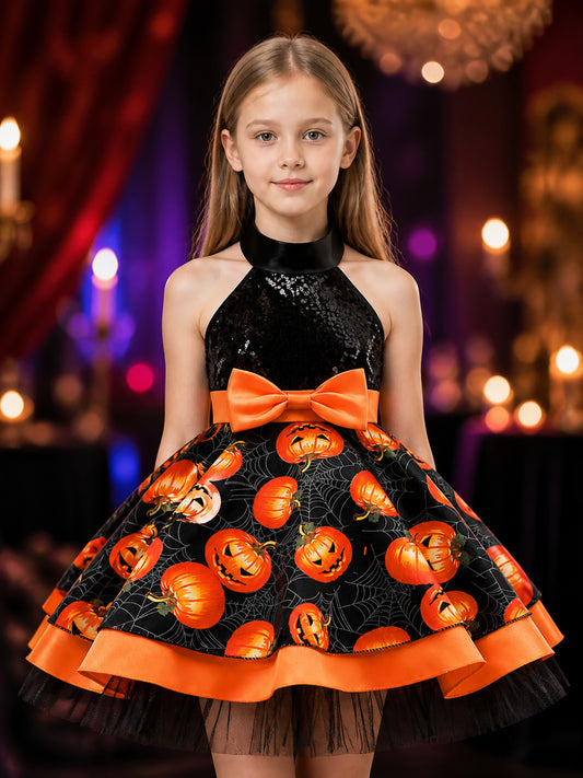 Girls' Halloween Pumpkin Spider Web Princess Dress, Black and Orange Tutu on-model view