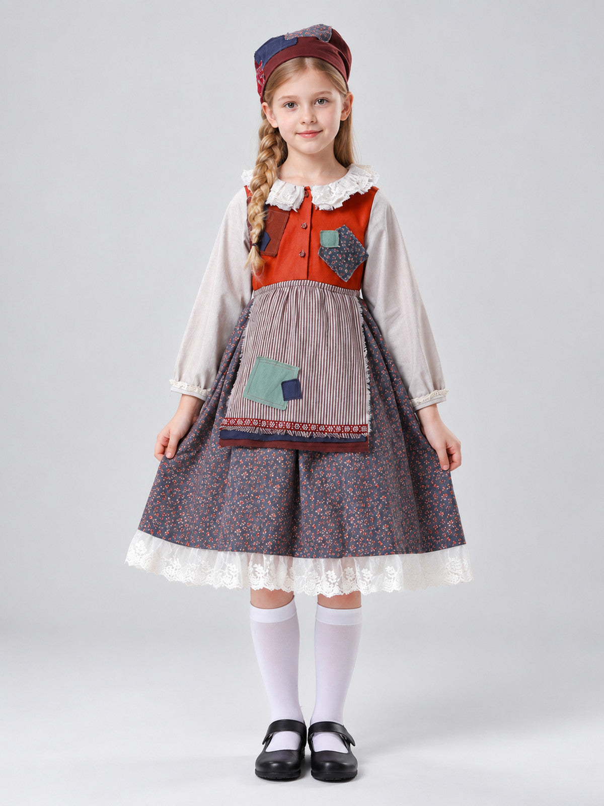 Kids' costume with dress, apron, and headscarf