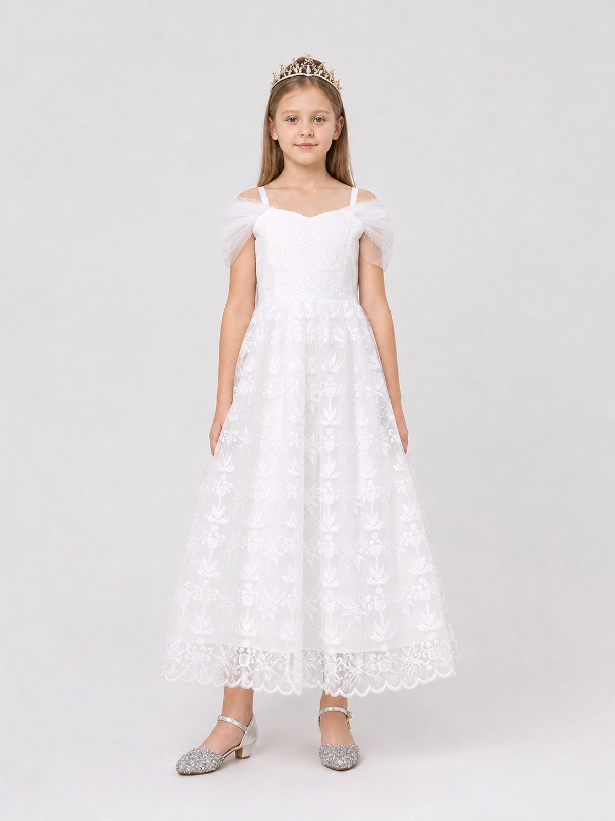 Fluffy White Princess Dress with Lace and Embroidery on-model view