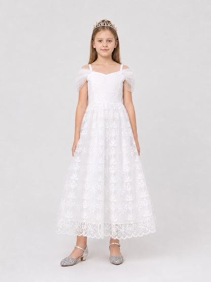 Fluffy White Princess Dress with Lace and Embroidery on-model view