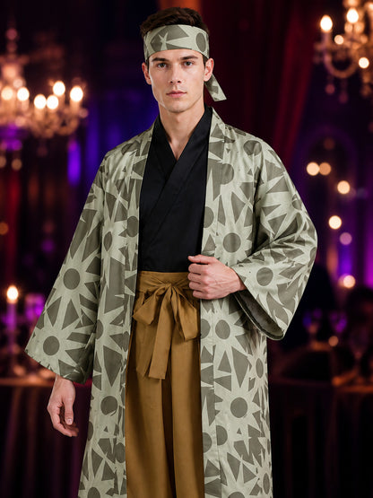 Demon Slayer Haganezuka Cosplay Costume Set with Gray Geometric Jacket and Polka on-model view