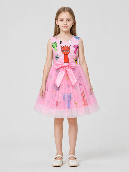 Girls' Puffy Tutu Dress with Cartoon Print and Pink Bow