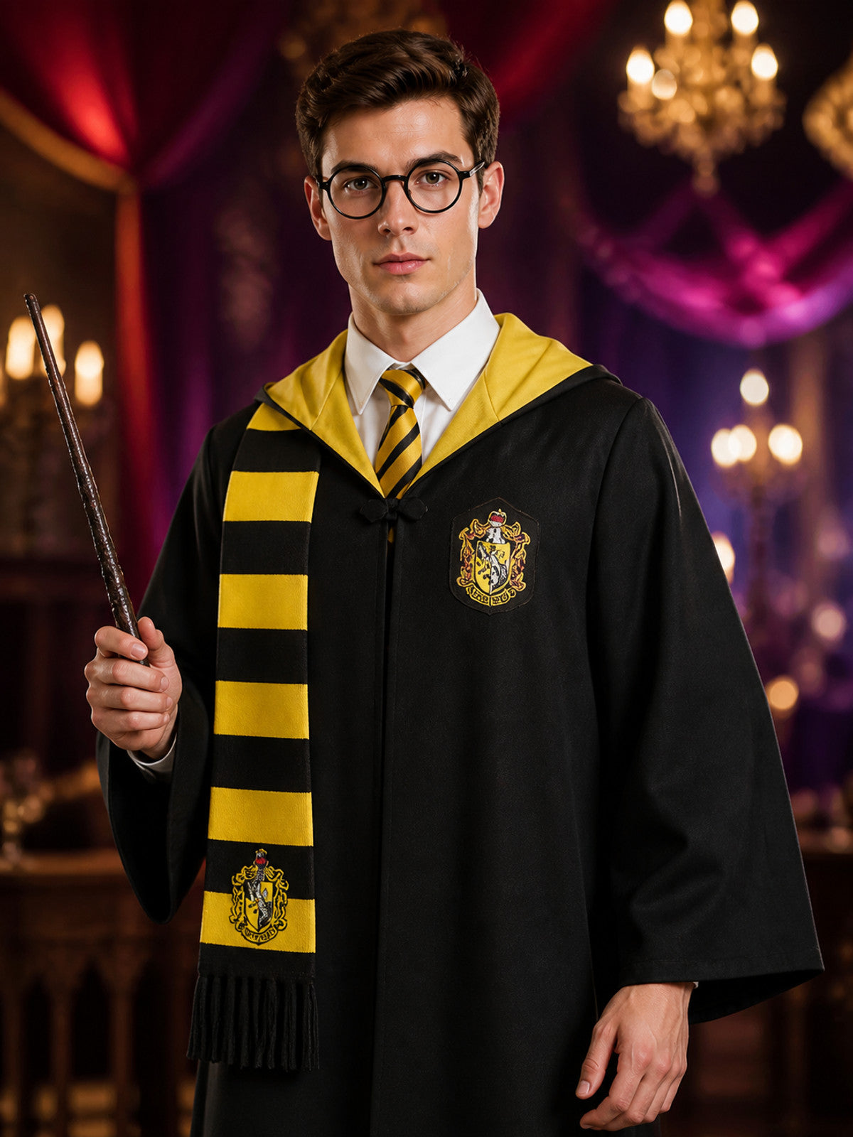 Black Long Hooded Wizard Robe Costume Set with Black and Yellow Striped Scarf on-model view