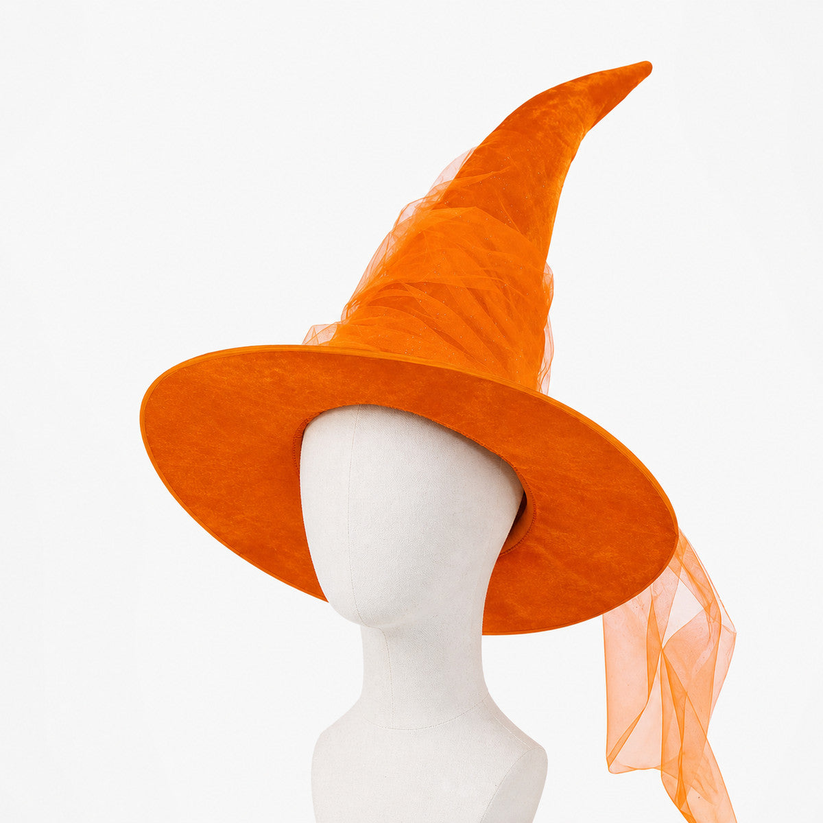 Orange Halloween Witch Hat with Very Tall Curved Pointed Crown, Wide Wavy Brim and Attached Sheer Veil for Costume Parties