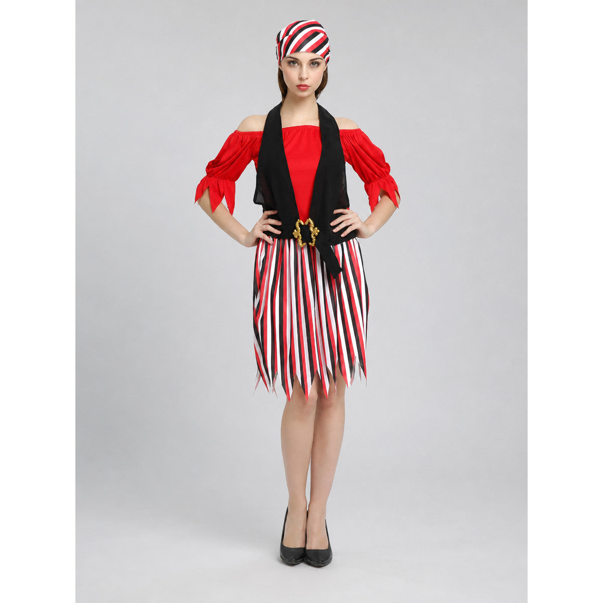 Pirate costume with top, vest, and skirt on-model view