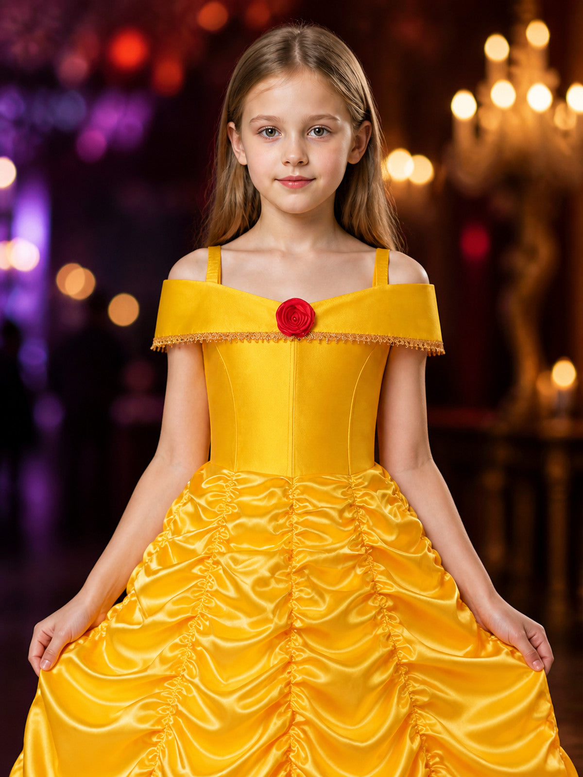 Girls Yellow Princess Dress Costume, Fluffy Ball Gown with Rose & Gold Trim on-model view