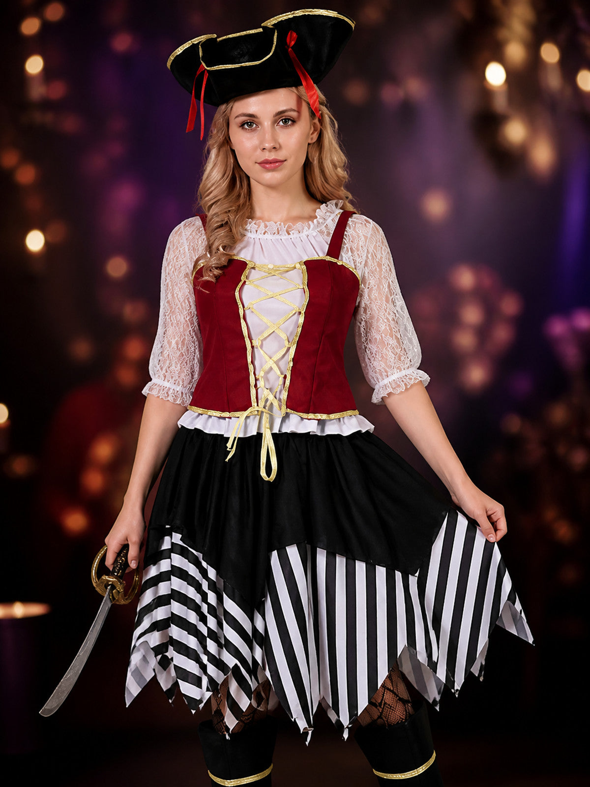 Women's Pirate Costume Set with Cross Chest Straps, Black and White Striped on-model view
