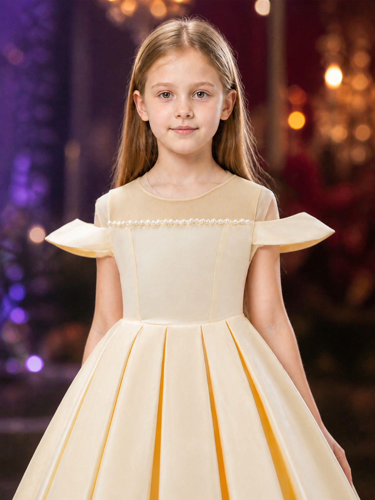 Girls' Champagne Off-Shoulder Beaded Pleated Long Formal Dress on-model view