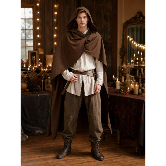 Medieval Fantasy Hooded Cloak, Deep Brown Long Draped Cape with Overlapping Front and Pointed Hem for Role Play, Stage Styling and Outdoor Wear