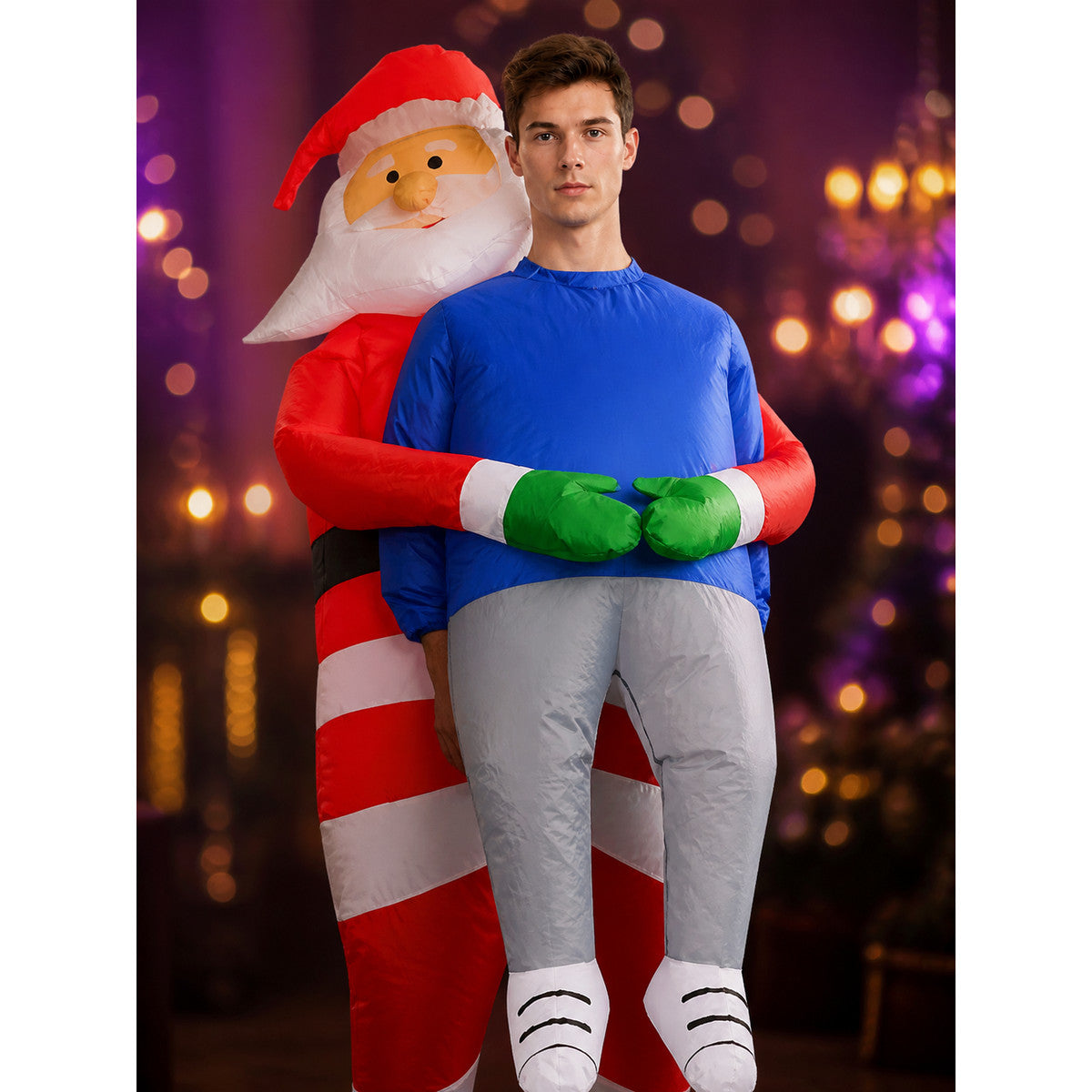 Red and White Striped Santa Claus Costume Bodysuit with White Legs and Green on-model view