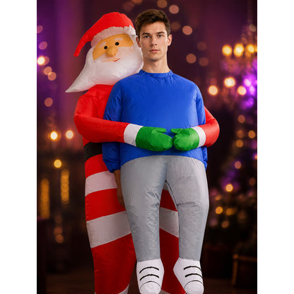 Red and White Striped Santa Claus Costume Bodysuit with White Legs and Green on-model view
