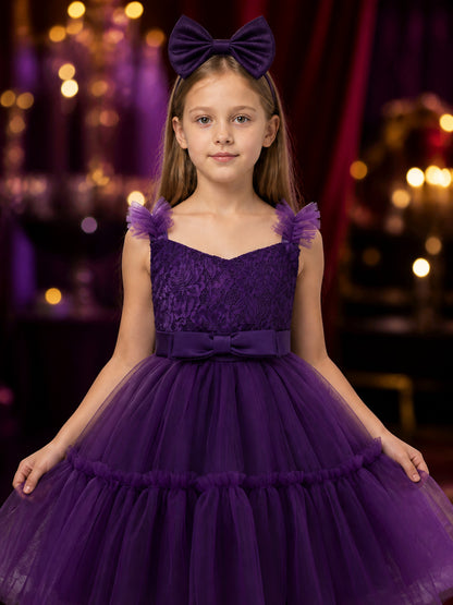 Toddler Girls' Purple Princess Dress with Layered Tulle Skirt and Bow Headband on-model view