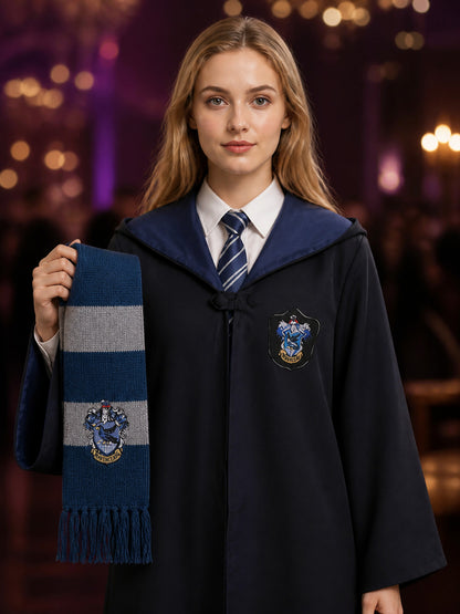 Wizard Robe Costume Set with House Crest, Striped Scarf and Tie for Halloween