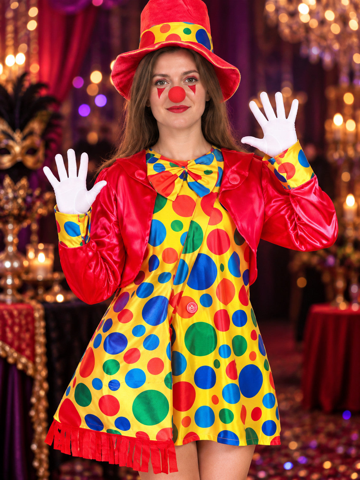 Adult Clown Costume with Dress, Hat, and Cape