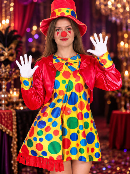 Adult Clown Costume with Dress, Hat, and Cape