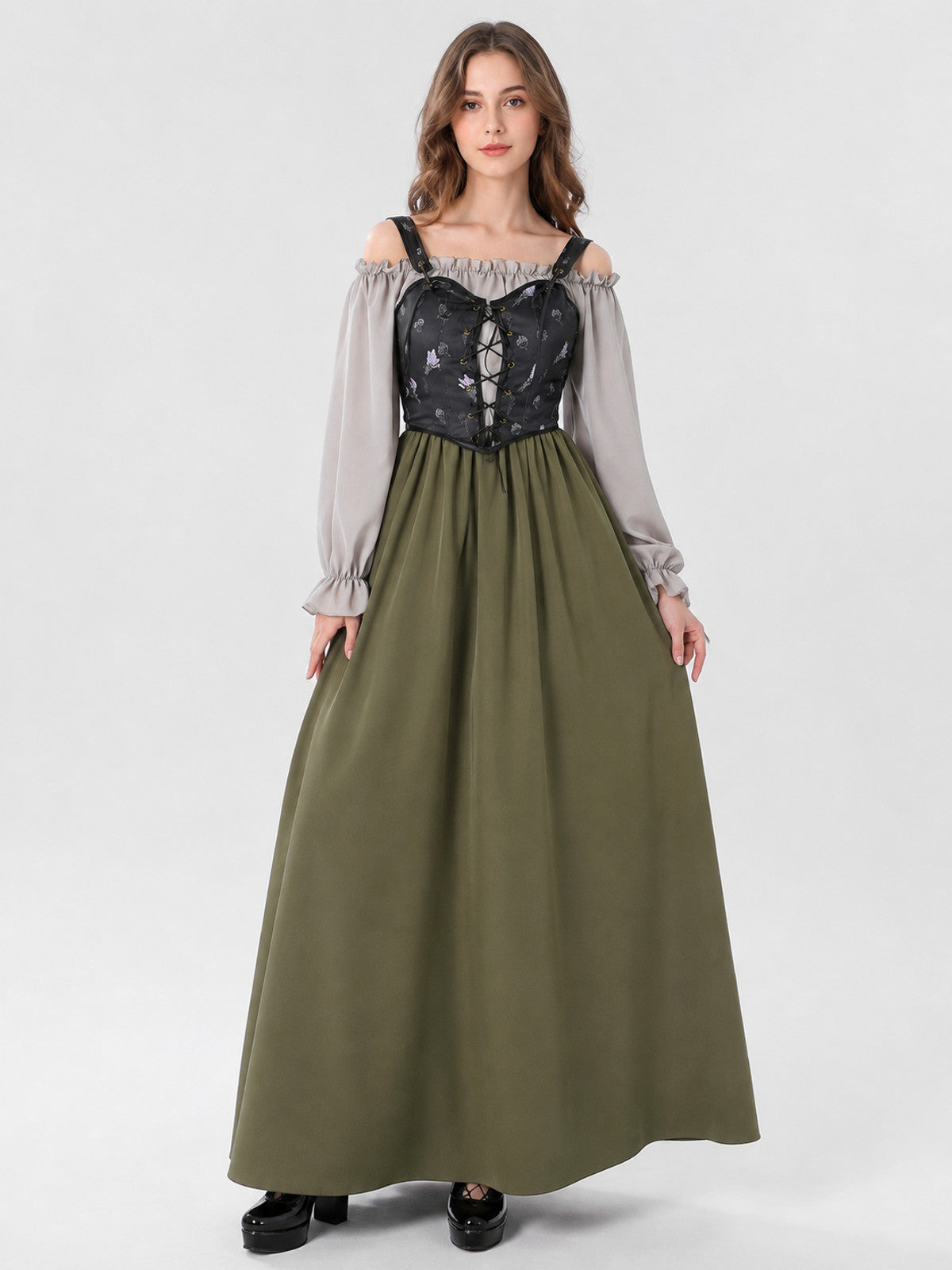 Medieval Dress with Vest Bodice and Ruffles on-model view