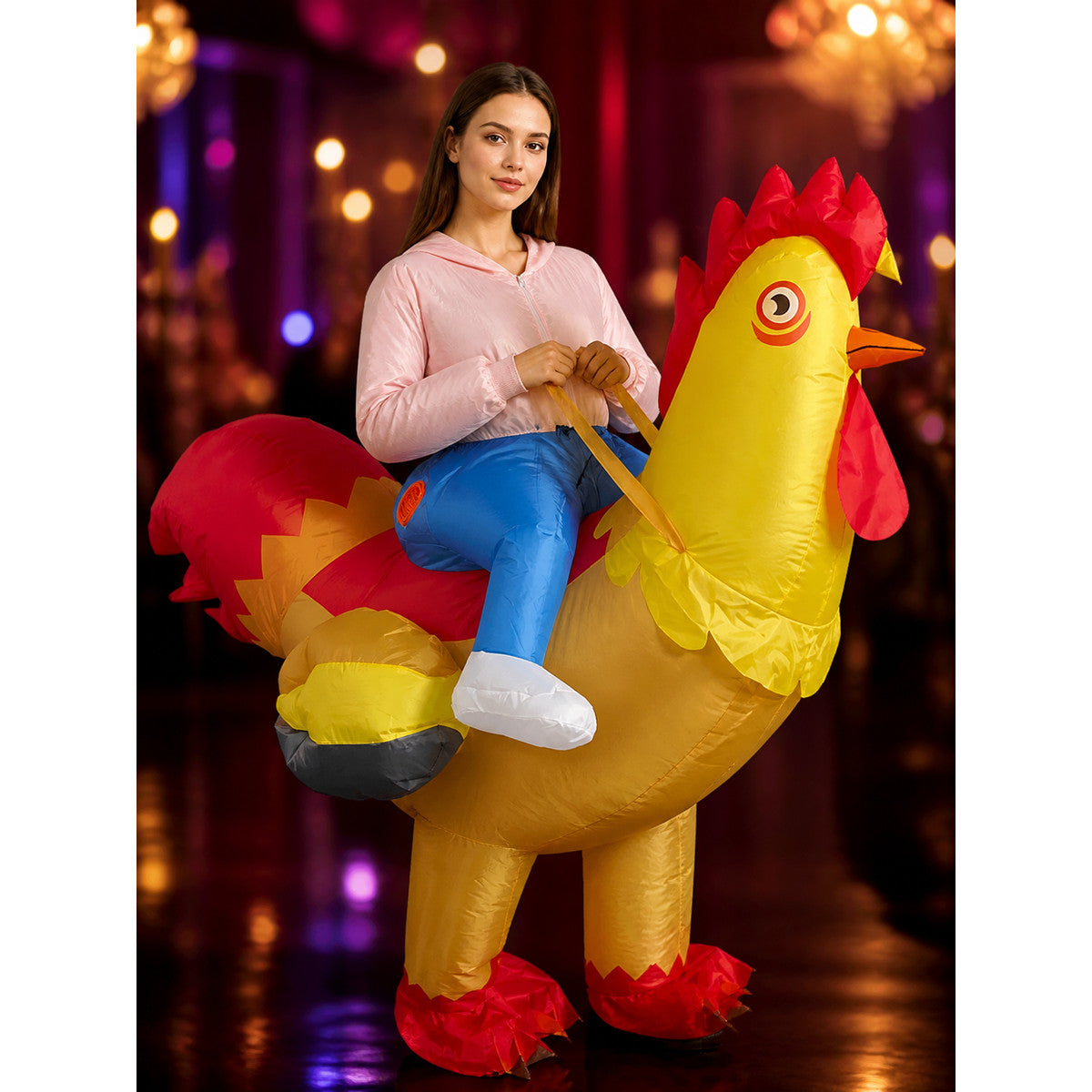 Colorful Rooster Inflatable Costume, Chicken Blow Up Suit, Halloween Animal on-model view