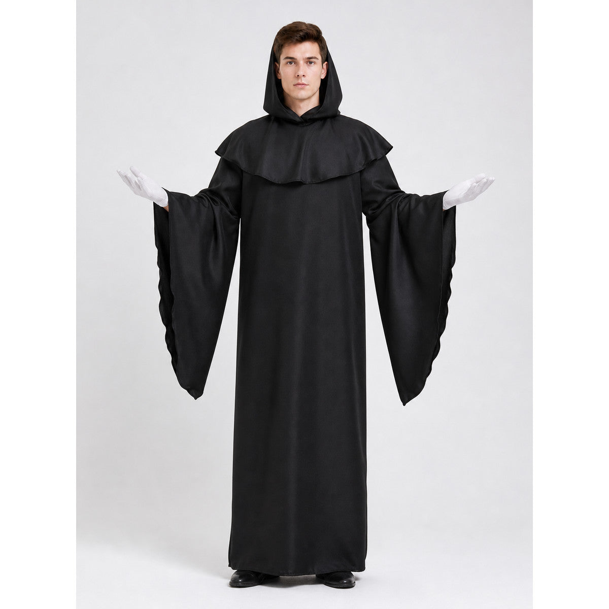 Halloween Costume: Black Hooded Robe on-model view