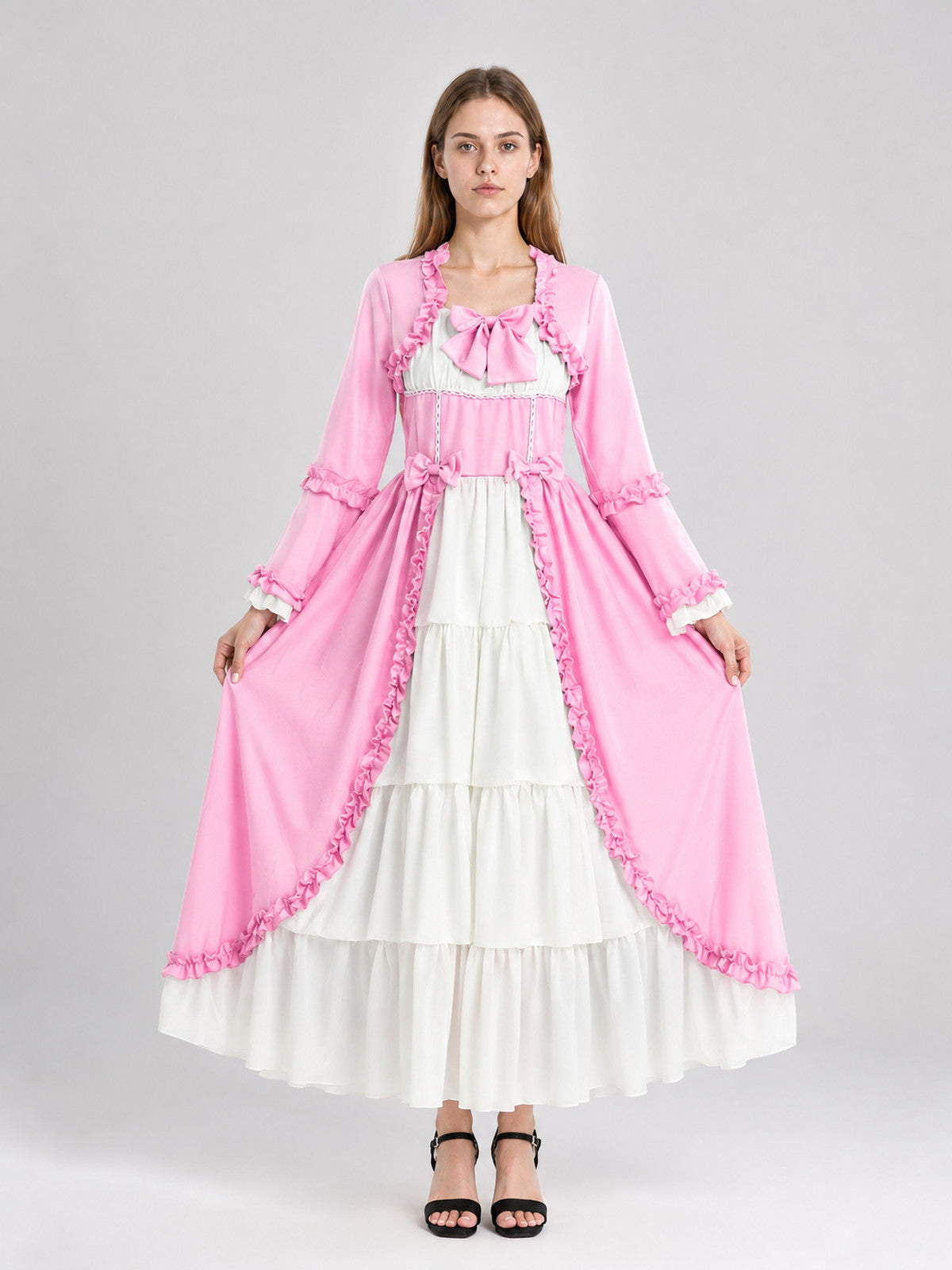 Pink and White Carnival Dress with Bow and Ruffles on-model view