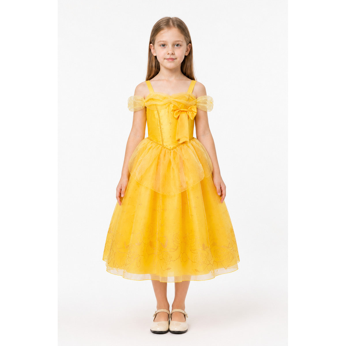 Yellow Puffy Princess Dress with Bow and Embroidery main product view