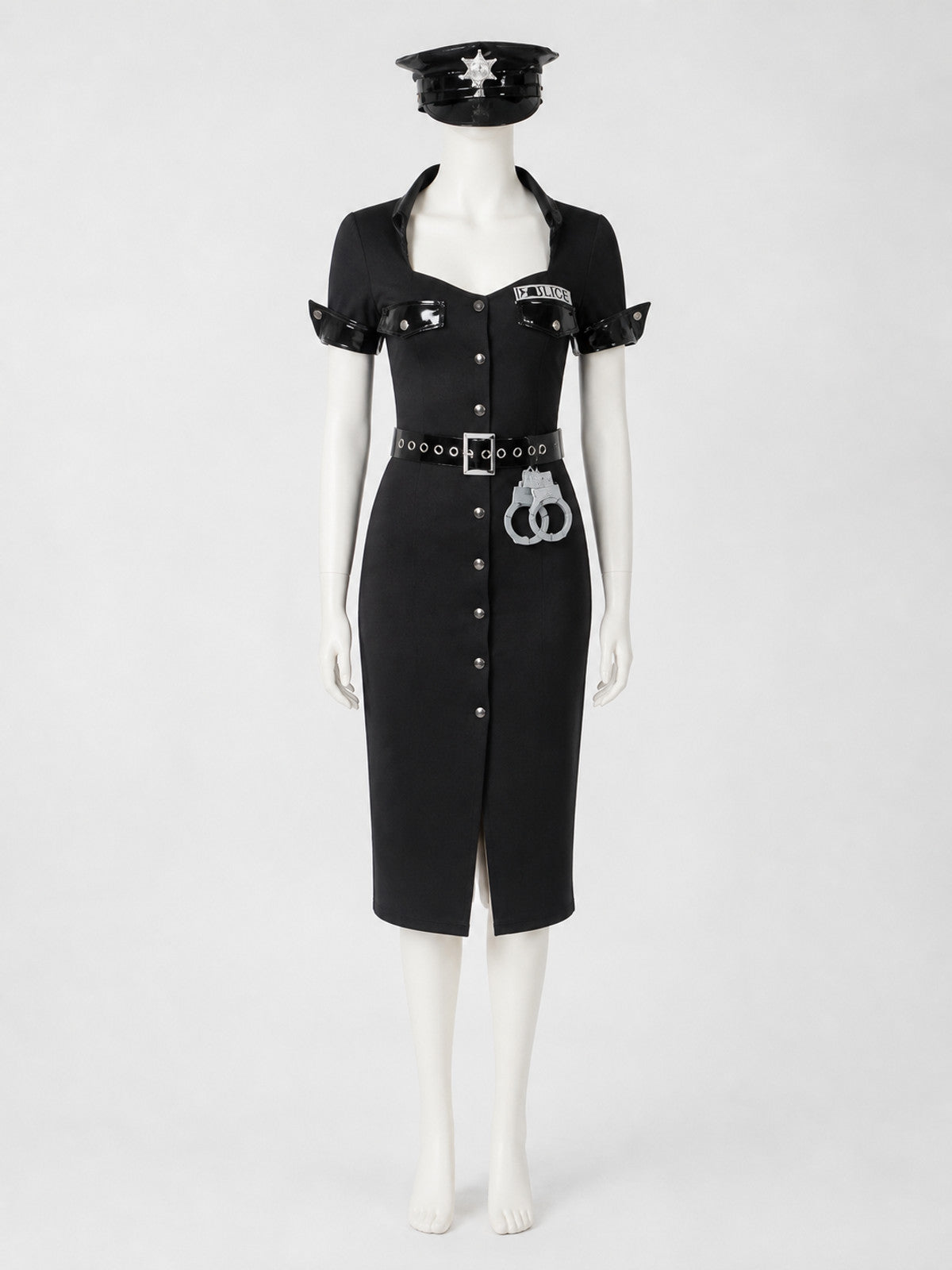 Women's Black Police Costume Set with Dress, Hat and Belt on-model view