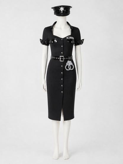 Women's Black Police Costume Set with Dress, Hat and Belt on-model view