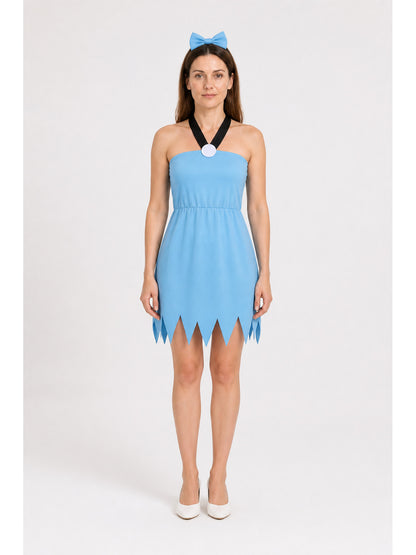 Blue costume dress with a jagged hem and bow main product view