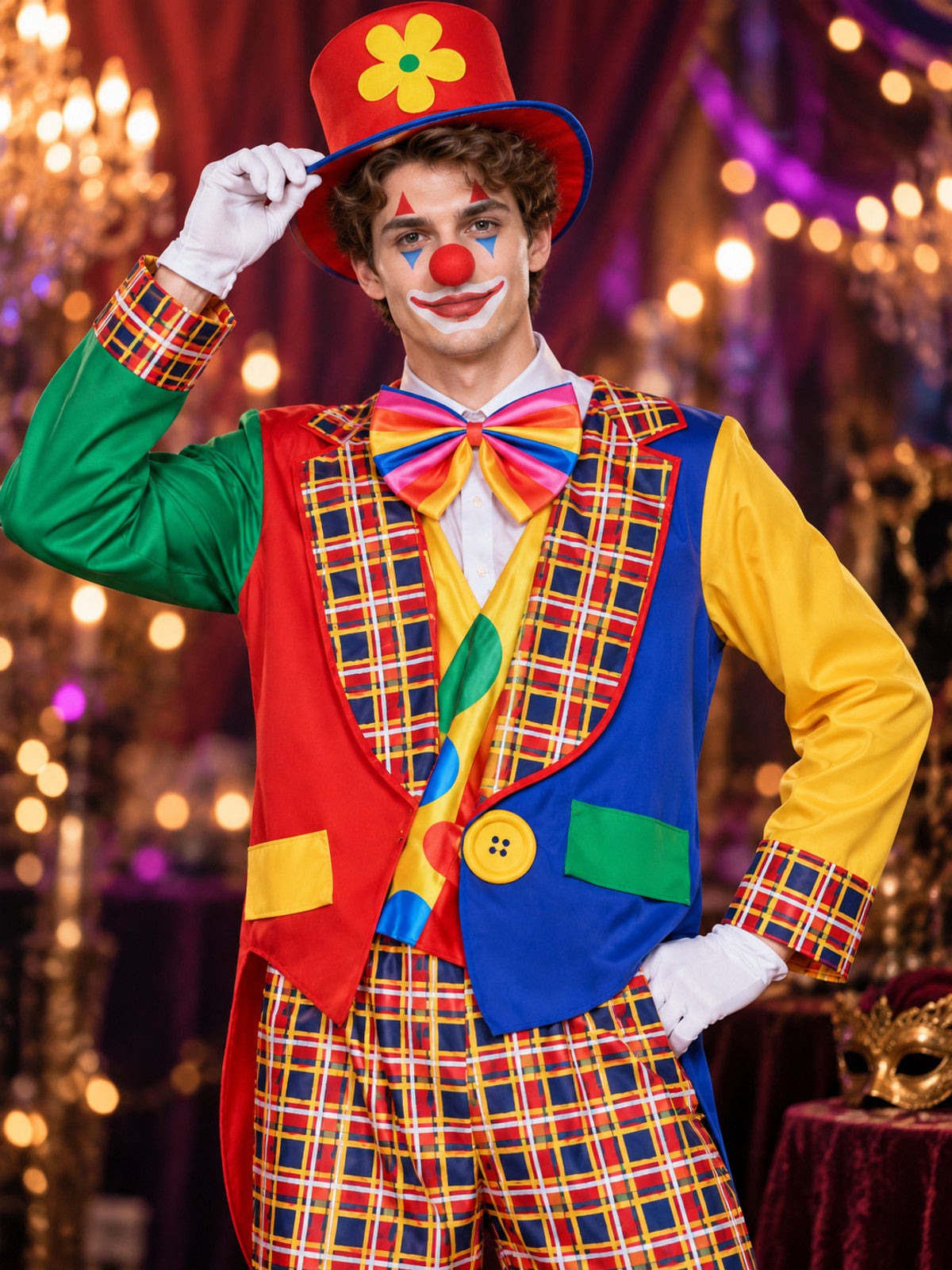 Adult Clown Costume Multicolor Plaid with Bow