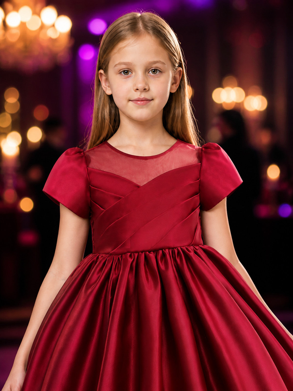 Girls' Burgundy Princess Dress, Short Sleeve Bow Detail Puff Skirt Gown on-model view