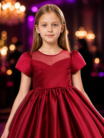 Girls' Burgundy Princess Dress, Short Sleeve Bow Detail Puff Skirt Gown on-model view