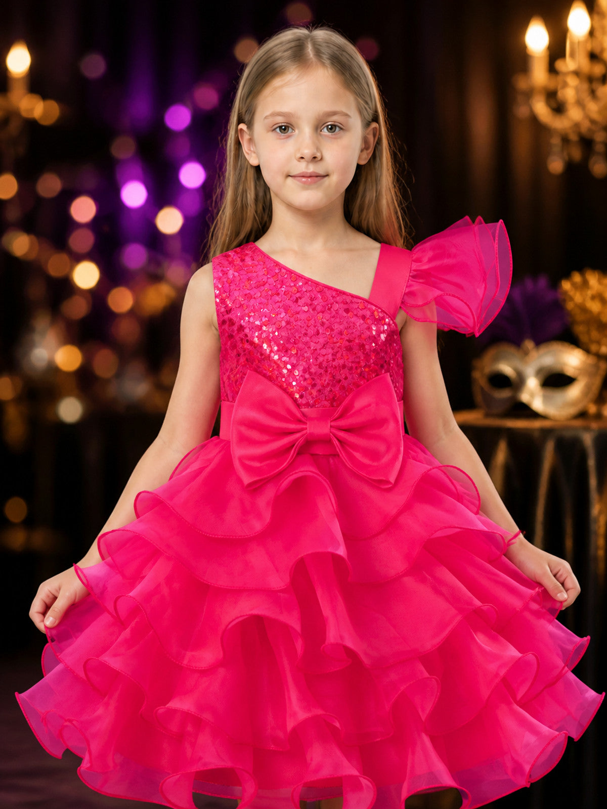 Girls' Pink Princess Party Dress with Sequined Bodice and Layered Ruffle Skirt on-model view