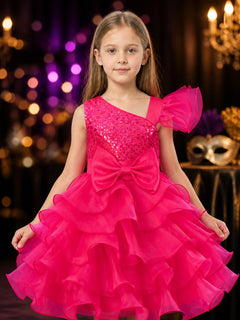 Girls' Pink Princess Party Dress with Sequined Bodice and Layered Ruffle Skirt