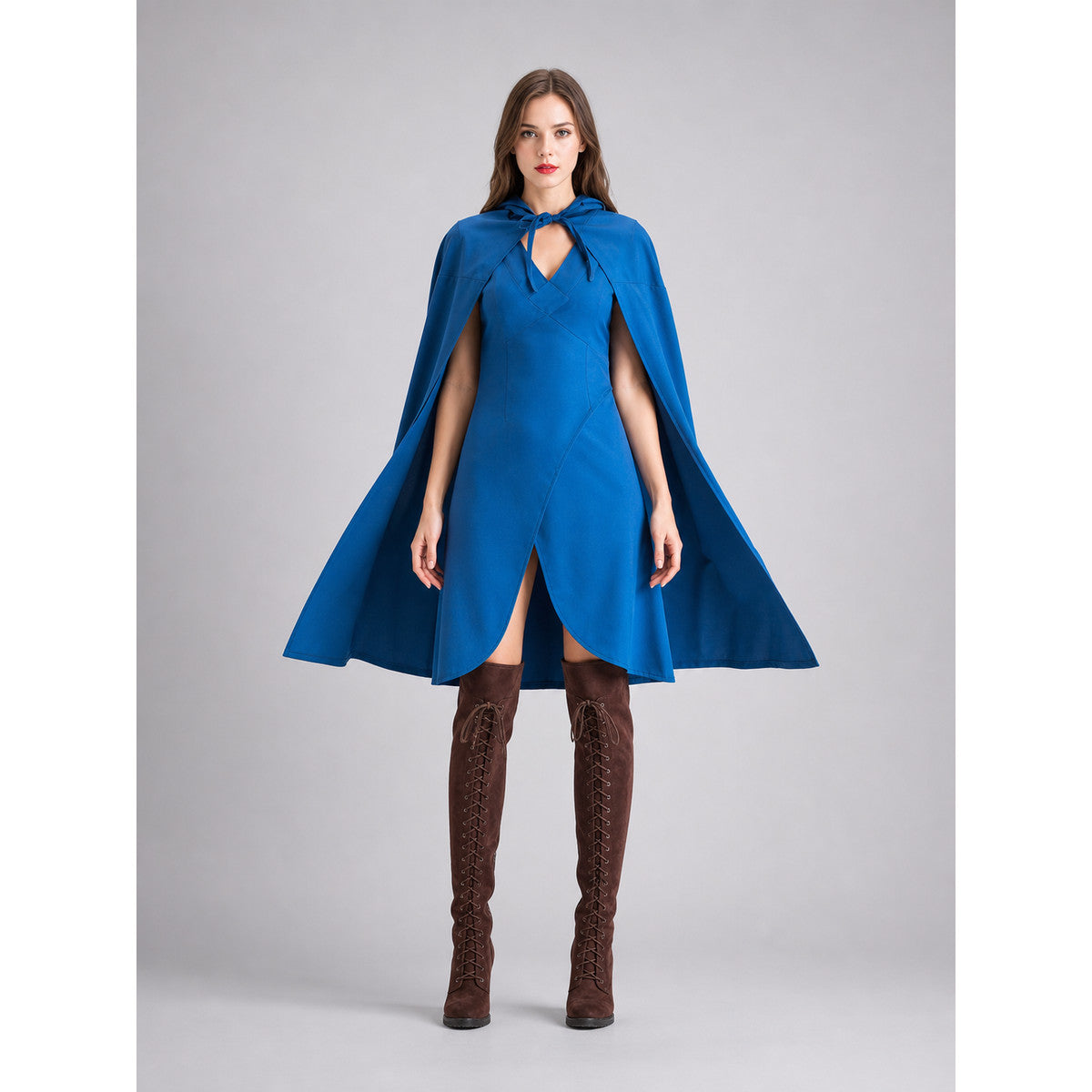 Vampire Costume with a Long Blue Dress and Cape front view