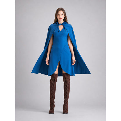 Vampire Costume with a Long Blue Dress and Cape front view