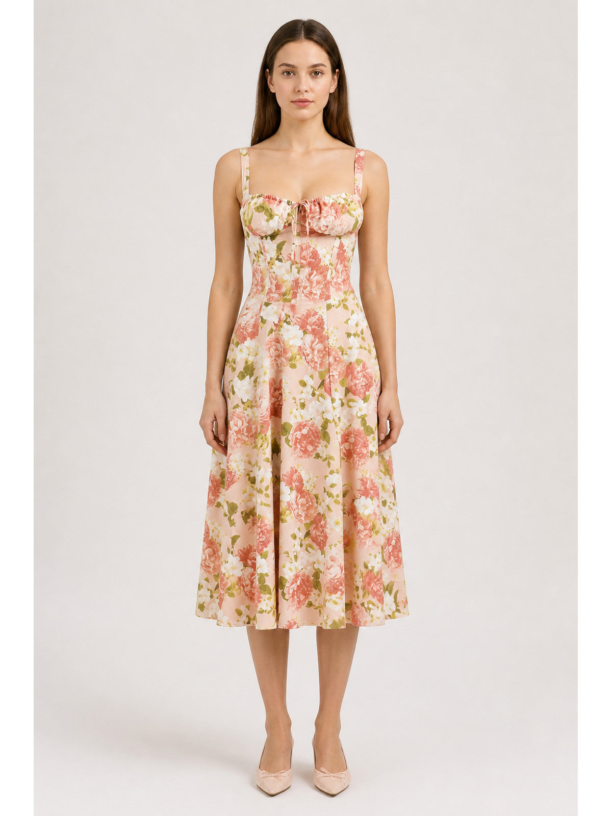 Spaghetti-Strap Dress with a Square Neckline and Floral Print main product view