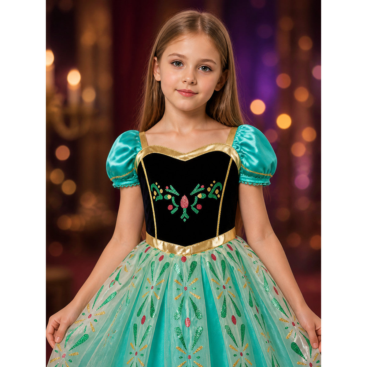 Kids Princess Costume Dress, Puff Sleeve Long Halloween Cosplay Outfit on-model view