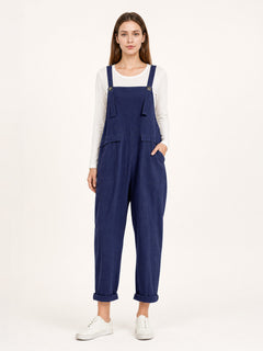 Blue Bib Overalls, Solid Color Loose Straight-Leg Pants with Cuffed Hems, Chest
