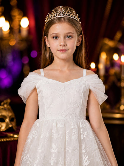 Girls' White Princess Formal Dress with Floral Embroidery and Long Train on-model view