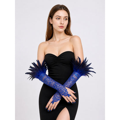 Blue Lace Feather Carnival Gloves, Pair