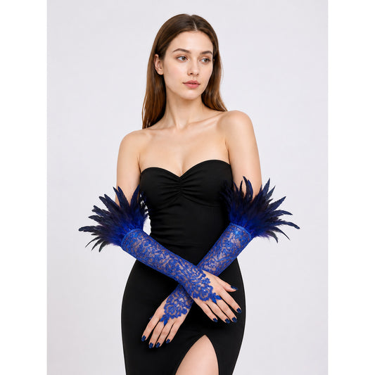Blue Lace Feather Carnival Gloves, Pair main product view