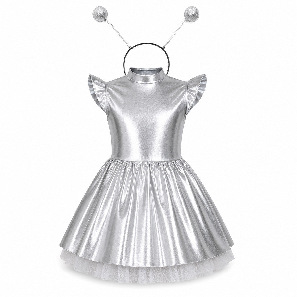 Children Girls Shiny Halloween Alien Cosplay Fancy Costume Space Robot Astronaut Galaxy Warrior Dress Up Leotards Tutu Dress - Color:Silver A