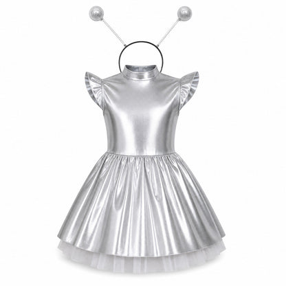 Children Girls Shiny Halloween Alien Cosplay Fancy Costume Space Robot Astronaut Galaxy Warrior Dress Up Leotards Tutu Dress - Color:Silver A