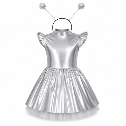 Children Girls Shiny Halloween Alien Cosplay Fancy Costume Space Robot Astronaut Galaxy Warrior Dress Up Leotards Tutu Dress - Color:Silver A