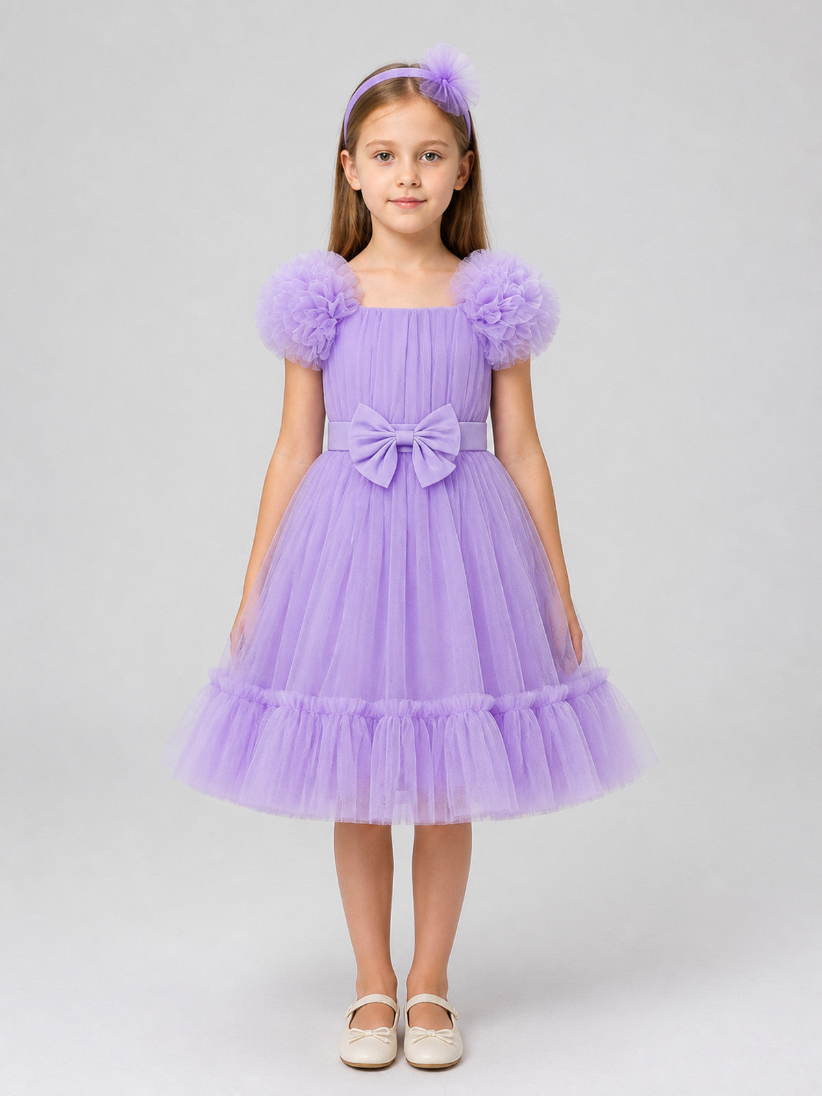 Festive Tulle Dress with a Full Skirt and Bow on-model view