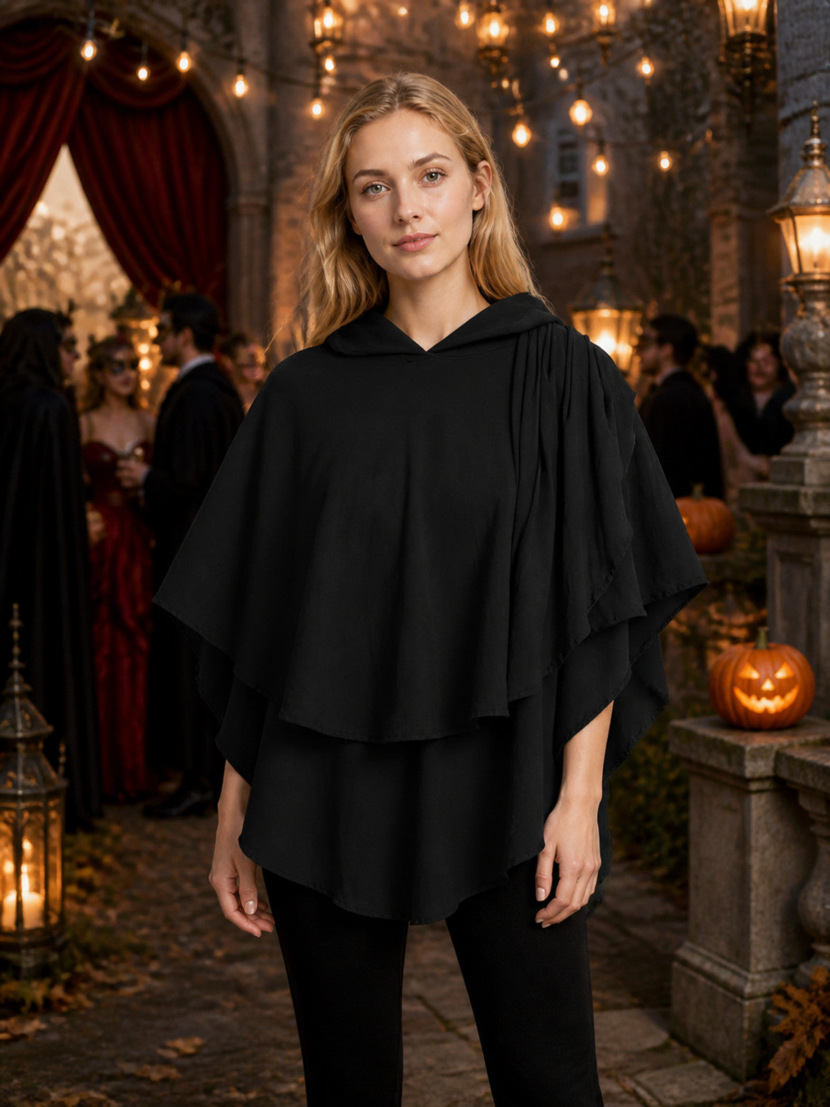 Women's Gothic Hooded Cape Cloak for Halloween Cosplay, Black Flowing Draped