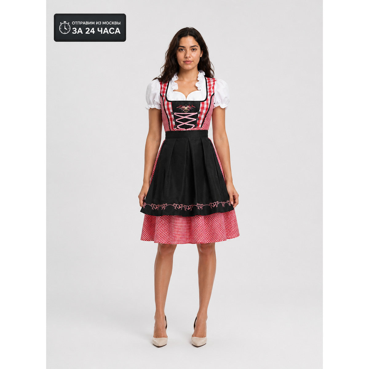Plaid Dress with Apron-Style Panel and Puff Sleeves main product view