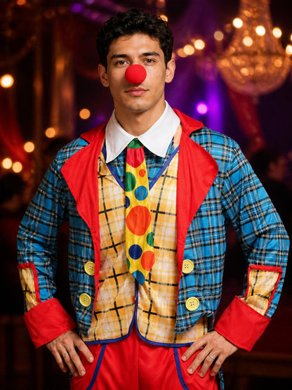 Unisex Clown Halloween Costume Set, Blue Checkered Coat with Red Trim, Matching on-model view