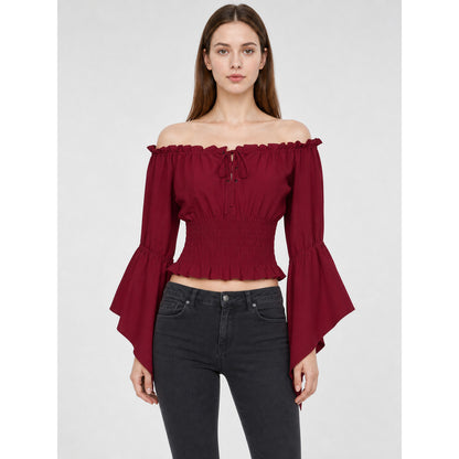 Cropped Off-the-Shoulder Lace-Up Blouse
