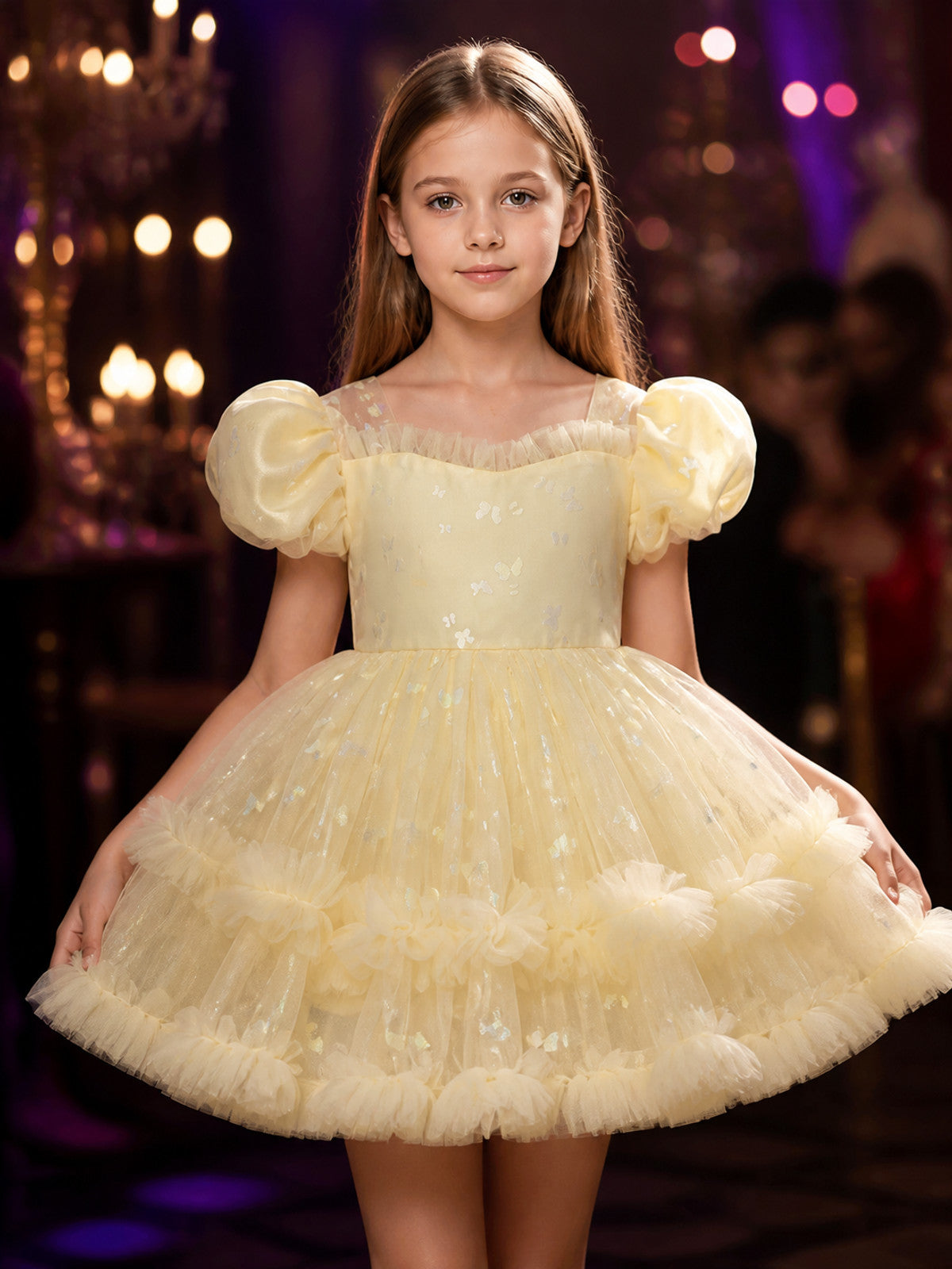 Toddler Girls' Princess Flower Girl Dress, Layered Tulle Puff Sleeve Formal on-model view